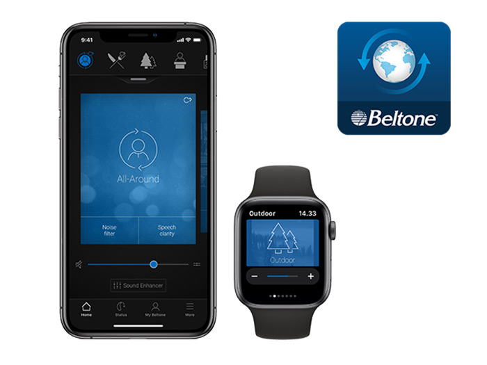 Beltone hearing aid apps on an Apple Watch, iPhone, and the app icon