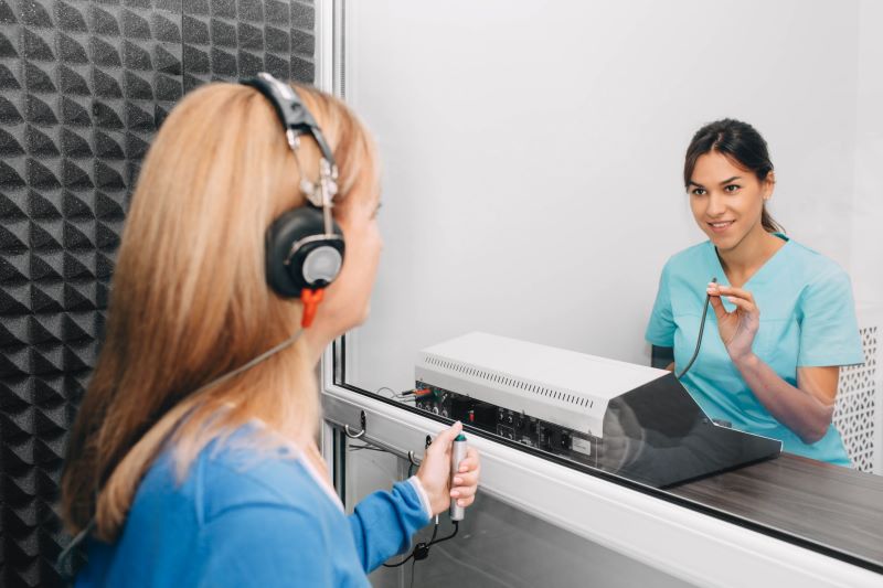 Beltone hearing care provider performs hearing test in sound booth